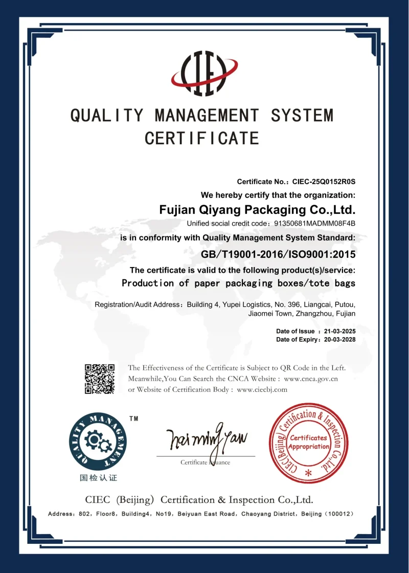 Fujian Qiyang ISO 9001 Certificate (English Version) — 01